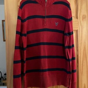American Eagle Outfitters Red and Navy Striped Zip-Up Sweater